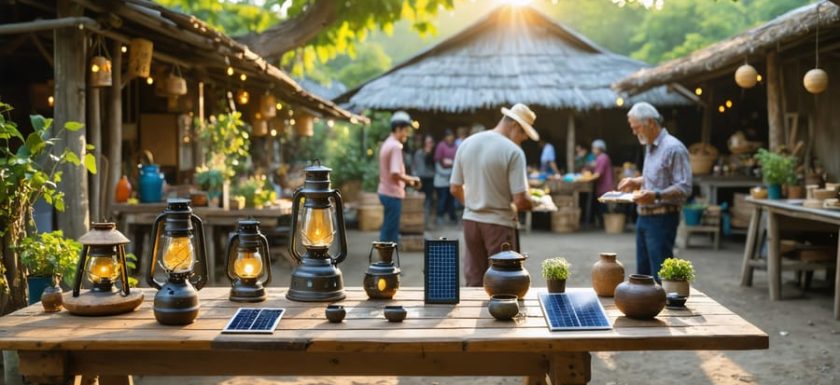 Local artisans displaying and crafting solar-powered home essentials at a community market, showcasing innovation and sustainability in their designs.