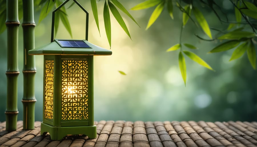 Artisanal bamboo solar lantern emitting warm light through geometric cutout patterns