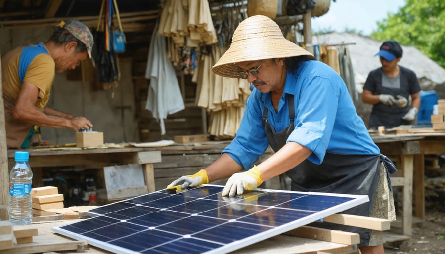 Craftspeople working on solar-powered home accessories in a well-lit workshop