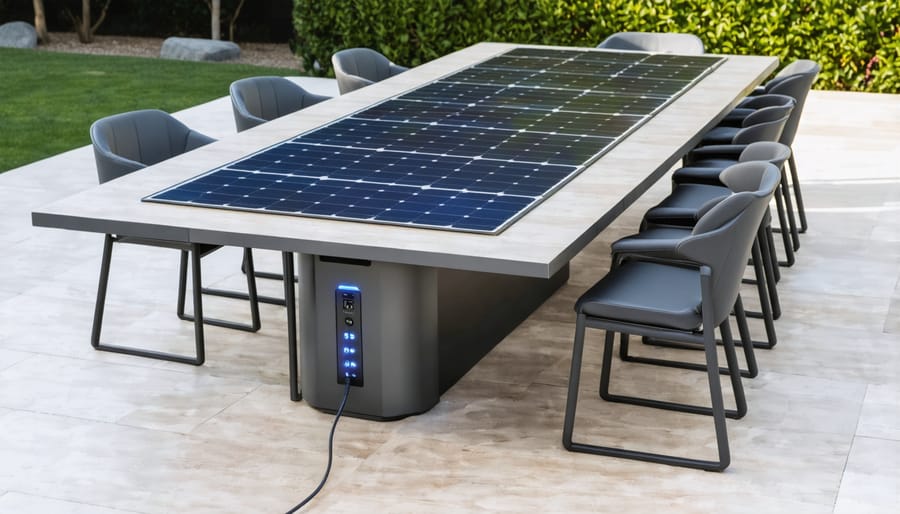 Solar-powered patio table with built-in charging stations being used by people