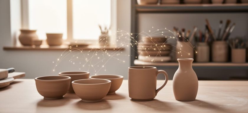 Handmade pottery on a studio worktable with a subtle holographic network overlay suggesting AI go-to-market connections for a local business.