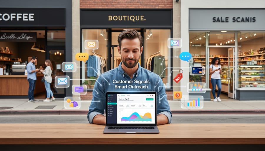 Local shop owner using a laptop at a café counter with customer cards and product photos on the desk